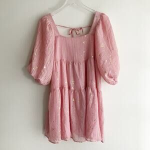 NWT Nasty Gal US 4 Starlight Tiered Mini Dress Puff Sleeve Pink Gold Star Print